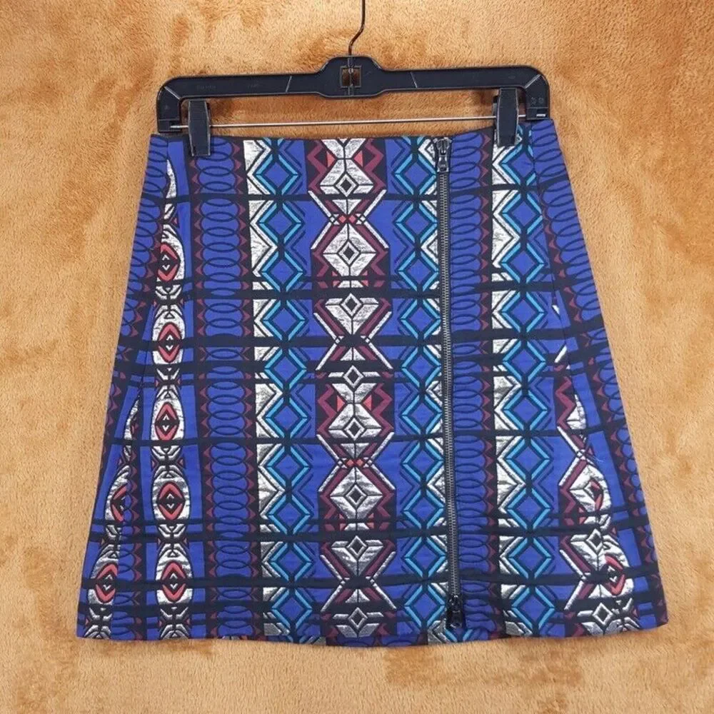 J CREW Skirt Womens Size 4 Blue A-Line Front Zip Geometric Aztec Preppy